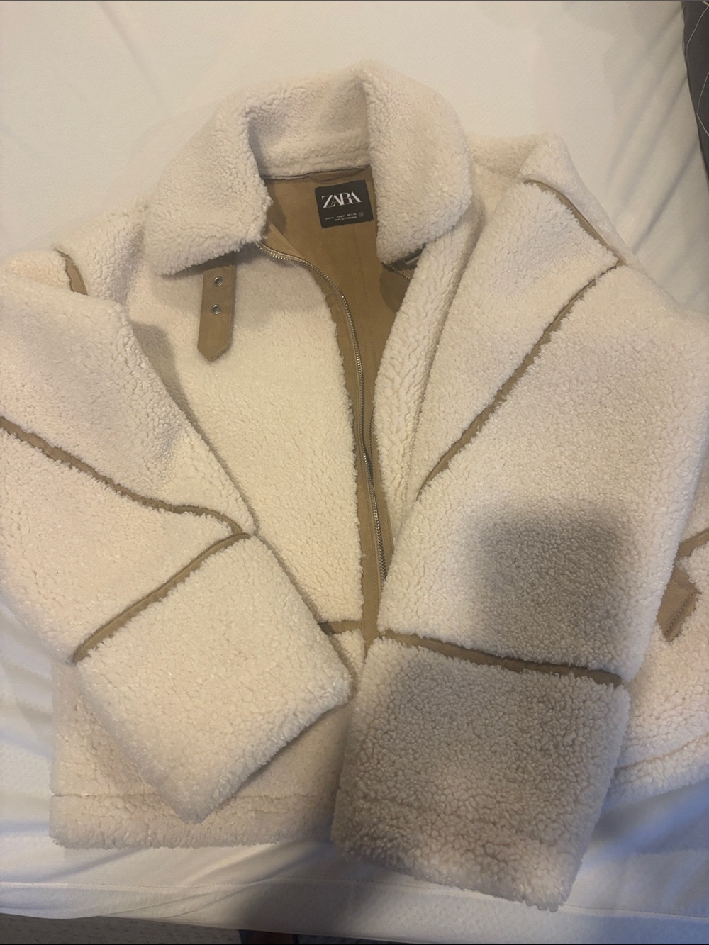 ZARA Cream Sherpa Jacket with Tan Trim